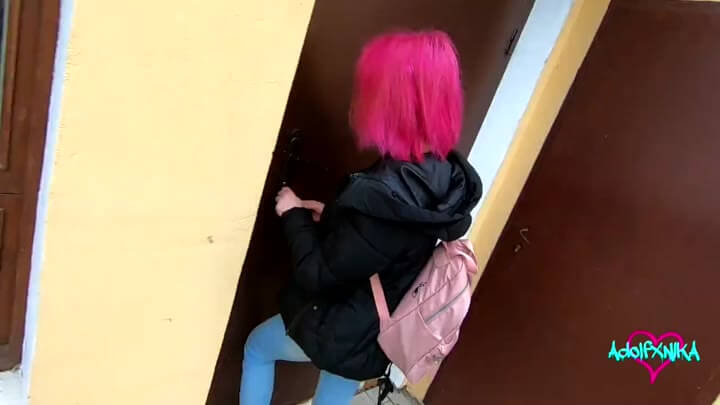 Pink hair girl has sex with a stranger
